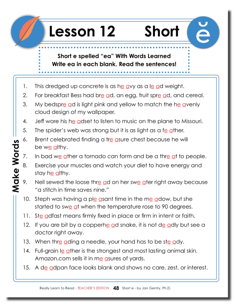 Really Learn to Read - Short e Reading Activity Workbook - Teacher's Edition